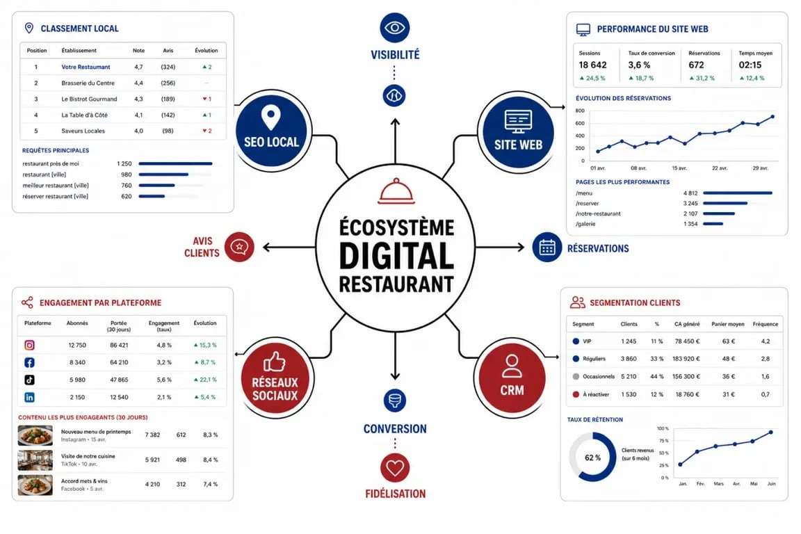 Schéma de la stratégie digitale pour restaurant : SEO local, site web, réseaux sociaux et CRM.