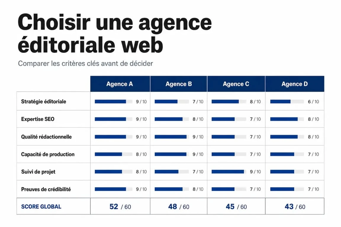 Agence éditoriale web : illustration comparative des critères pour choisir une agence