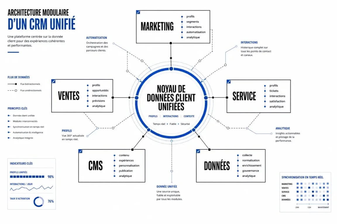 Schéma de l'architecture modulaire de HubSpot CRM pour la croissance des entreprises