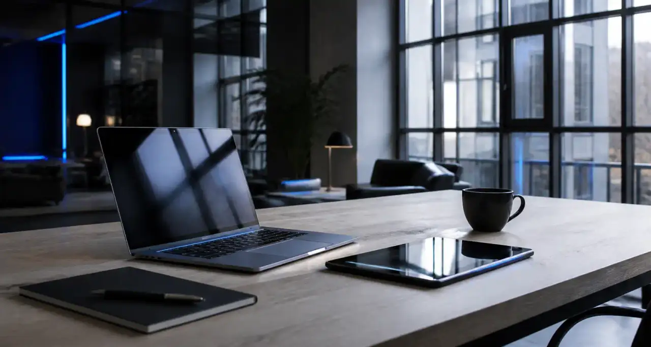 Espace de travail collaboratif moderne dedie a la strategie marketing et aux outils numeriques professionnels