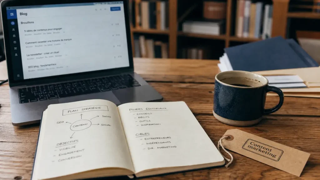 Marketing de contenu B2B : bureau avec carnet et plan de stratégie