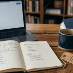 Marketing de contenu B2B : bureau avec carnet et plan de stratégie