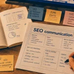seo communication : cahier et notes SEO sur bureau