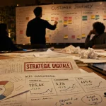 Consultant en stratégie digitale analysant un audit ROI avec dashboard KPI