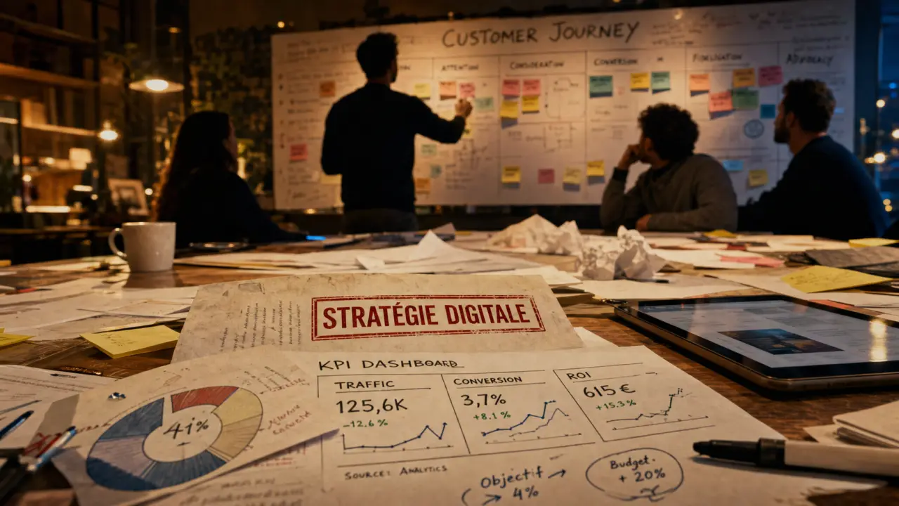 Consultant en stratégie digitale analysant un audit ROI avec dashboard KPI