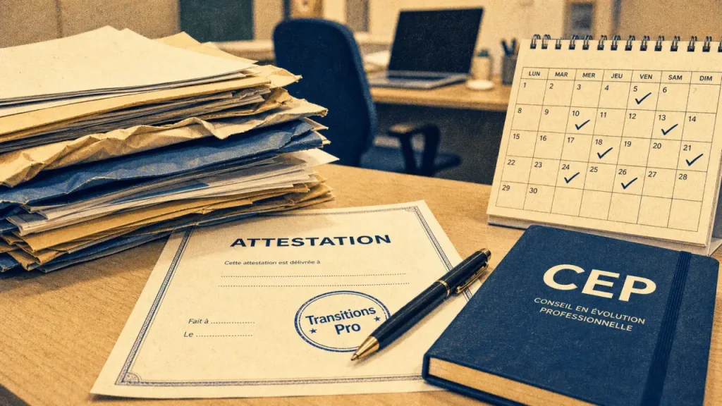 Demission creation entreprise avec CEP et validation préalable, attestations Transition Pro sur bureau