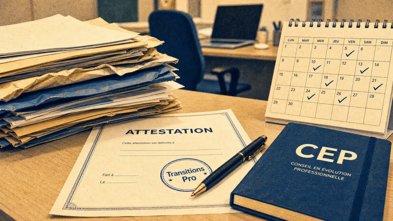 Demission creation entreprise avec CEP et validation préalable, attestations Transition Pro sur bureau