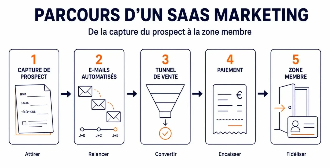 Systeme.io SaaS : schéma du parcours marketing tout-en-un de la capture au paiement