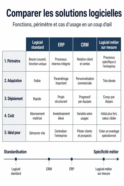 Comparatif du logiciel métier sur mesure avec un logiciel standard, un ERP et un CRM