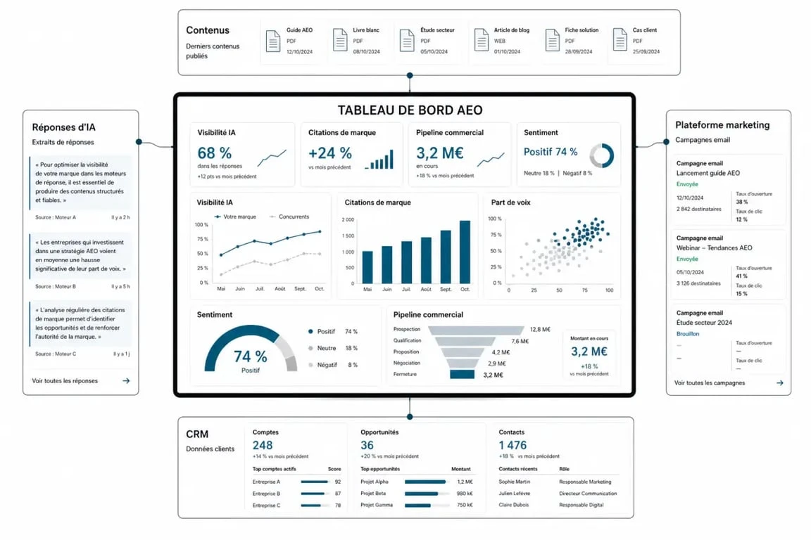 Outils aeo intégration plateformes marketing crm : tableau de bord comparatif des intégrations entre visibilité IA, CRM et marketing