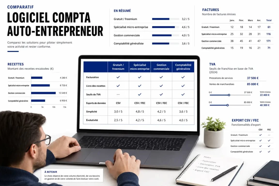 Comparatif logiciel compta auto-entrepreneur présenté en matrice visuelle avec les principaux critères de choix