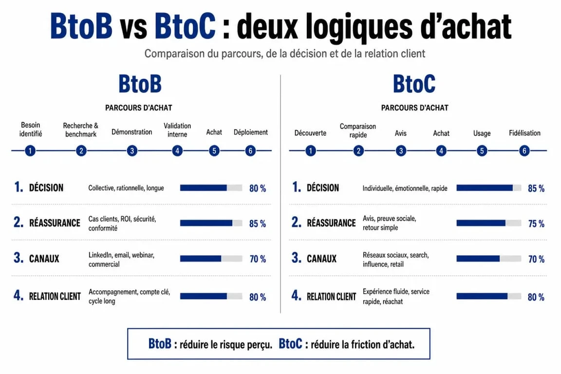 Infographie btoc btob comparant la cible, le cycle d’achat, les canaux et la réassurance