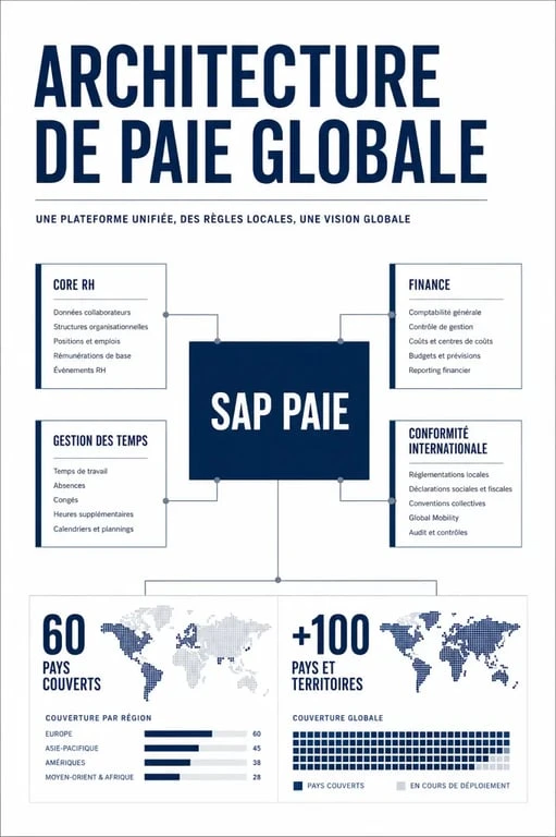 Logiciel de paie SAP : schéma éditorial de la paie connectée aux RH, au temps et à la finance