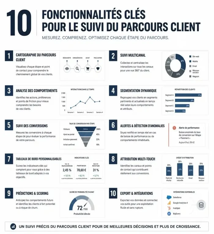 Infographie des 10 fonctionnalités indispensables pour les outils marketing de suivi du parcours client