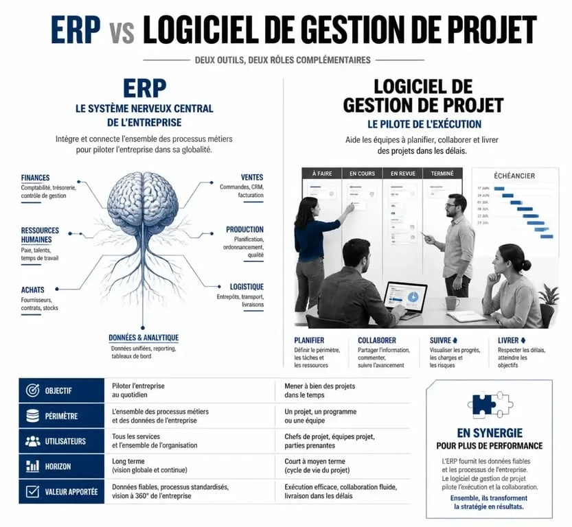 Infographie comparative ERP vs logiciel de gestion de projet pour comprendre leurs différences