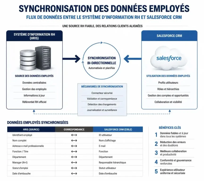 Schéma de synchronisation des données entre un logiciel SIRH et Salesforce pour une gestion RH optimisée