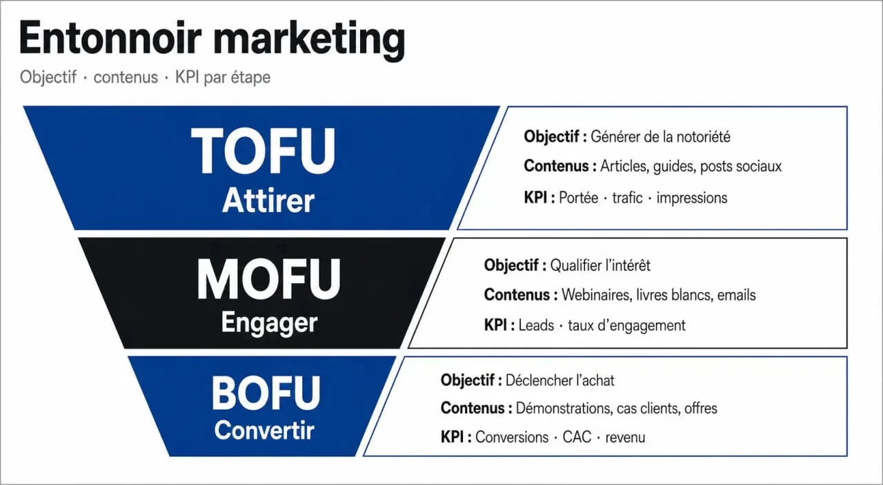 Stratégie marketing funnel optimizer avis utilisateurs : schéma TOFU MOFU BOFU et KPI d’optimisation