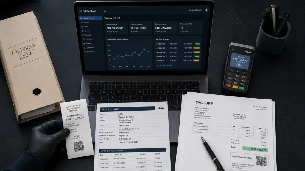 Logiciel de gestion commerciale suisse : QR-facture, CRM et stock