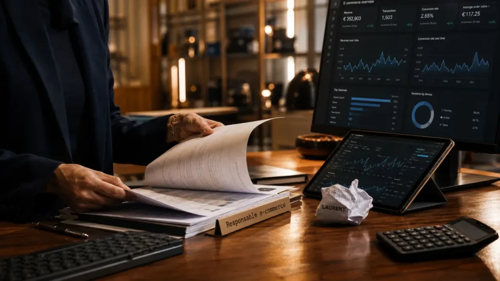 responsable e commerce analysant dashboard conversion et courbes GA4