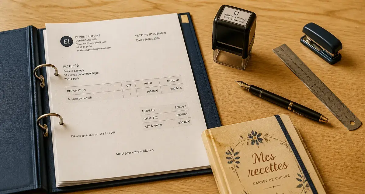 Facture autoentrepreneur EI avec mentions TVA non applicable, art. 293 B CGI