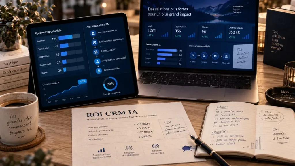 Avantages CRM avec intelligence artificielle : productivité et ROI sur écran CRM