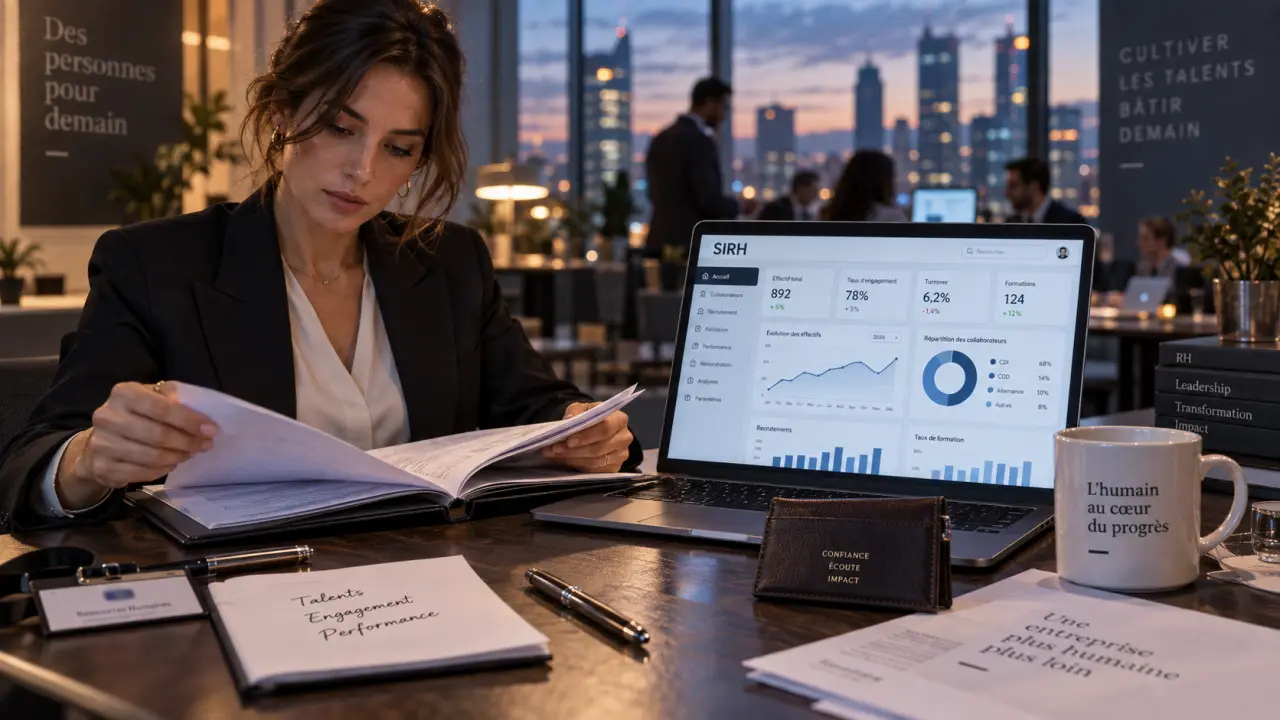 Digitalisation RH : femme RH avec SIRH et KPI sur ordinateur