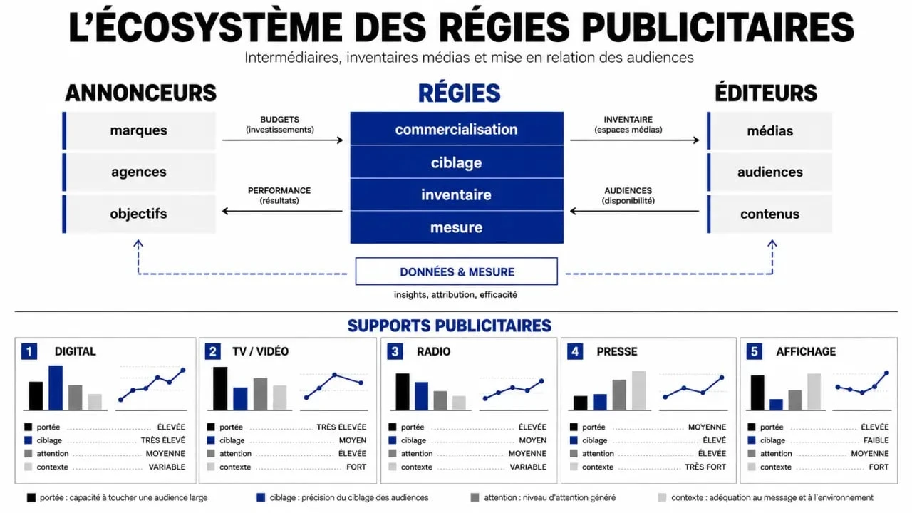 Schéma des régies publicitaires reliant annonceurs, éditeurs et supports médias
