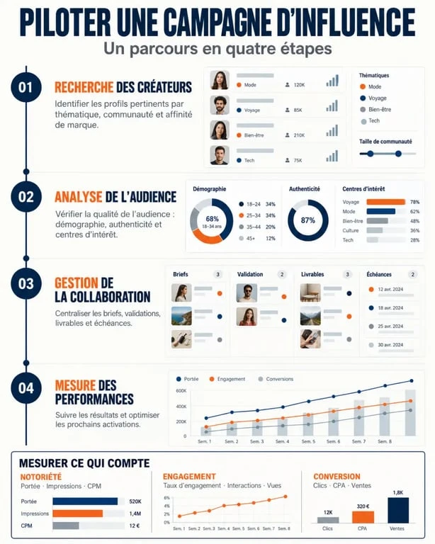 Infographie Influencity sur les étapes et indicateurs d'une campagne de marketing d'influence