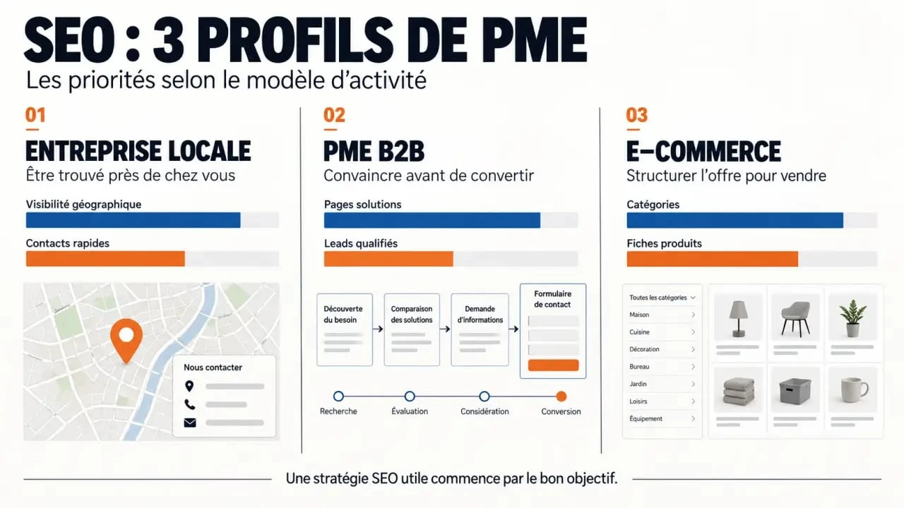 Infographie sur les priorités d’une stratégie SEO PME selon le type d’entreprise