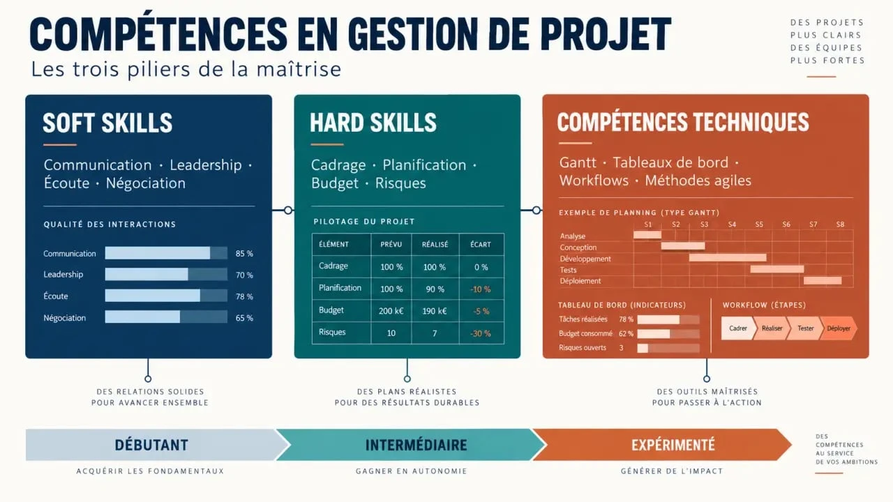 Infographie sur les compétences gestion de projet : soft skills, pilotage et compétences techniques