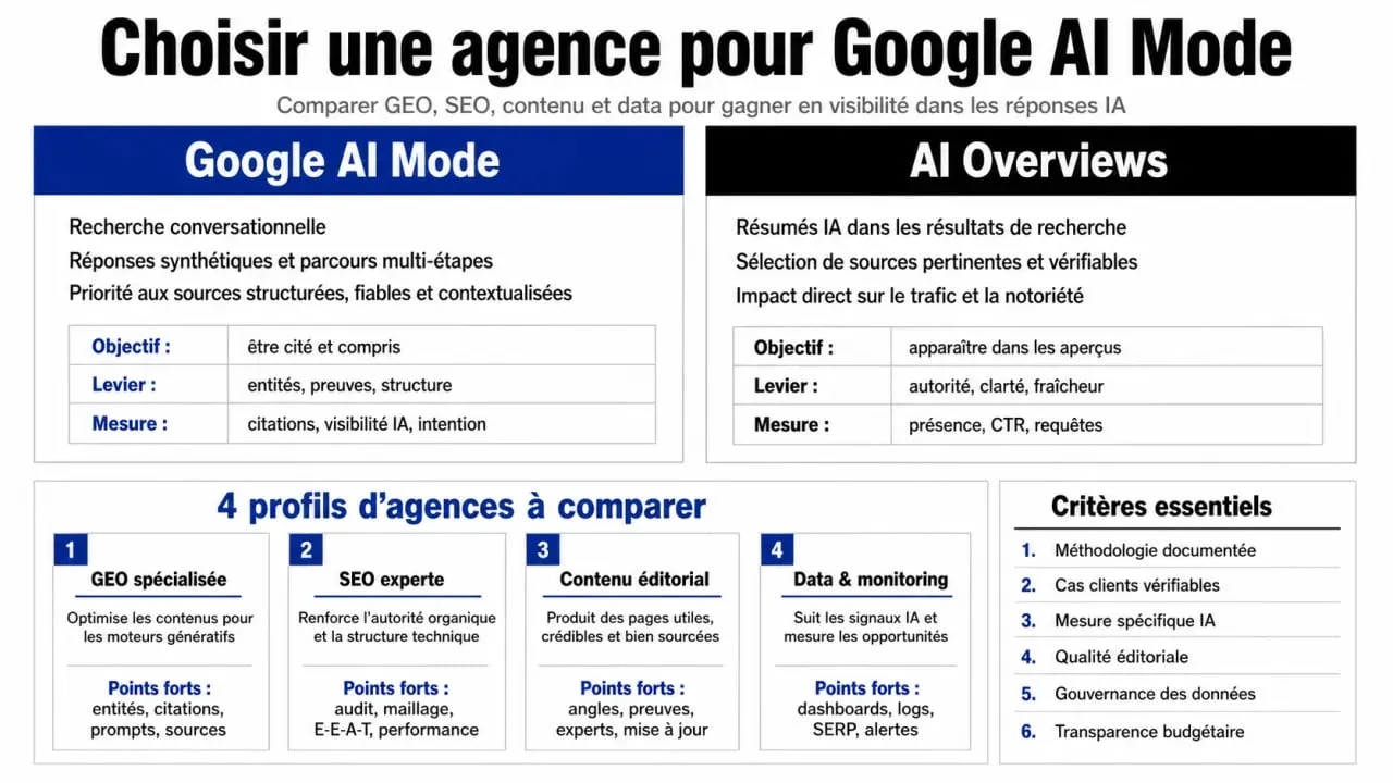 Infographie sur les meilleures agences google ai mode : comparaison Google AI Mode, AI Overviews et critères de choix