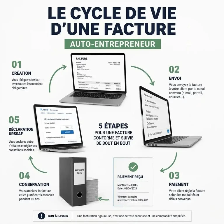 Infographie du cycle de vie d'une facture pour autoentrepreneur comment facturer