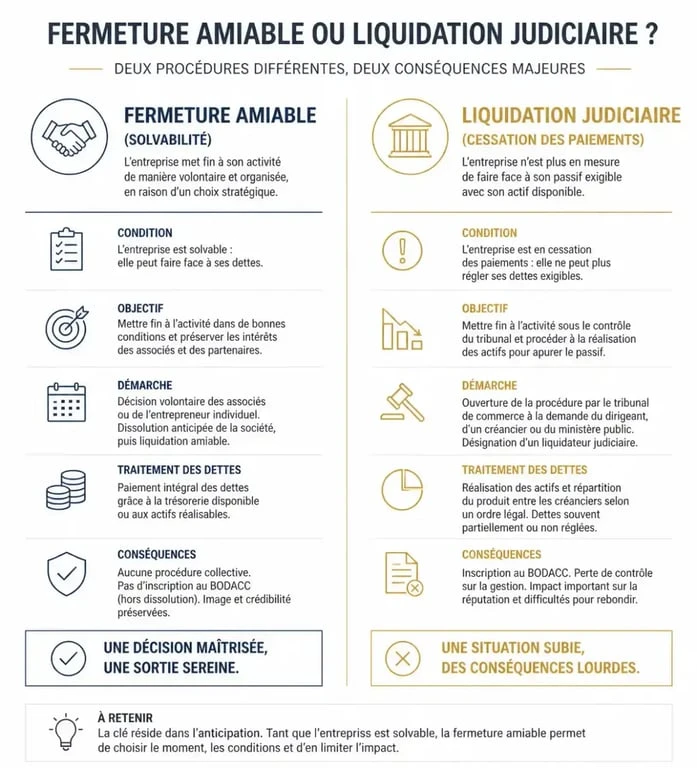 Comparatif fermeture entreprise : fermeture amiable versus cessation des paiements