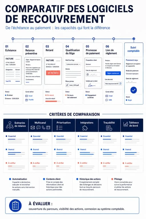 Infographie d'un comparatif de logiciels de recouvrement et des critères de sélection