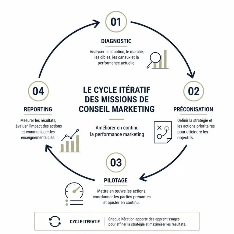 Cycle itératif des missions d'un consultant marketing : du diagnostic au reporting