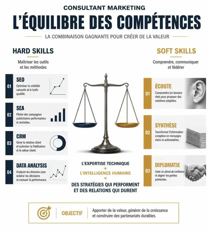 Compétences clés d'un consultant marketing : équilibre entre hard skills et soft skills
