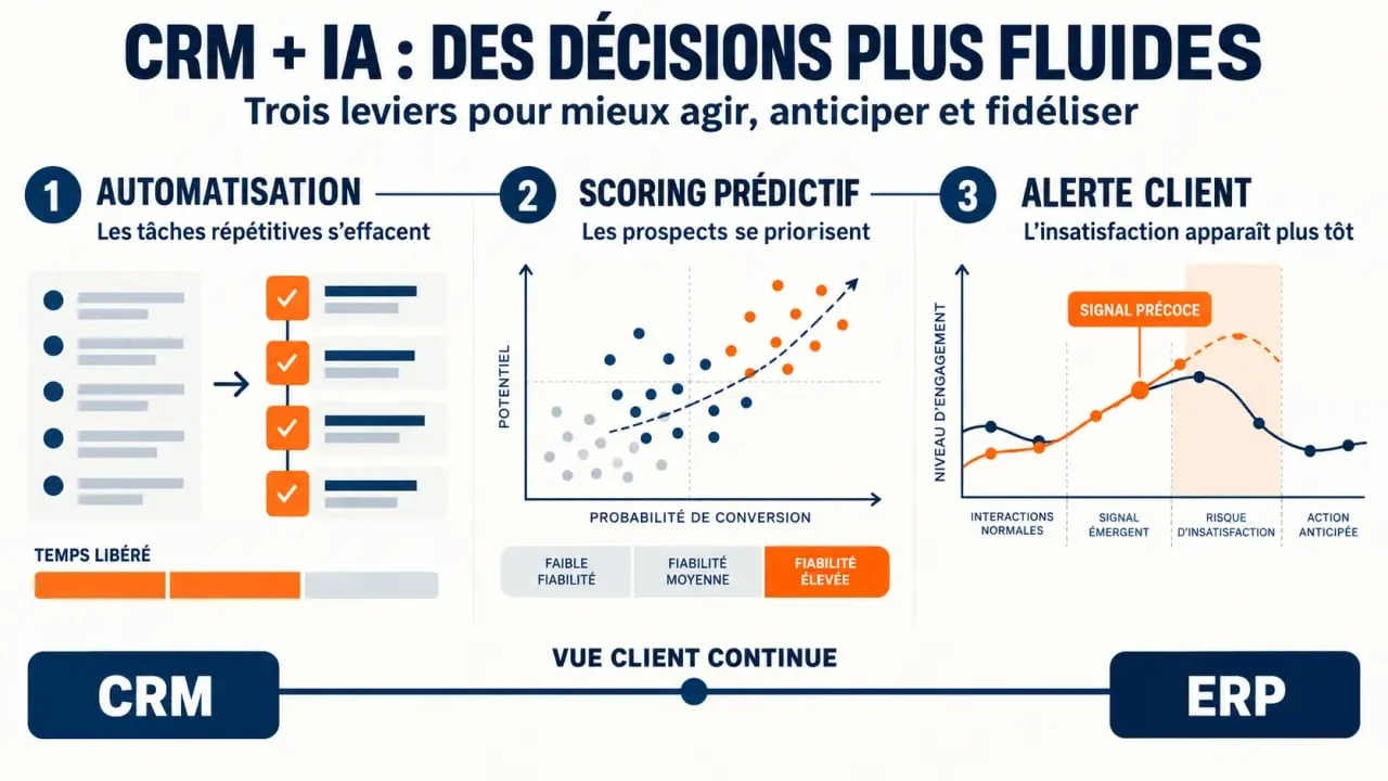 Avantages CRM avec intelligence artificielle : automatisation, scoring prédictif et suivi client