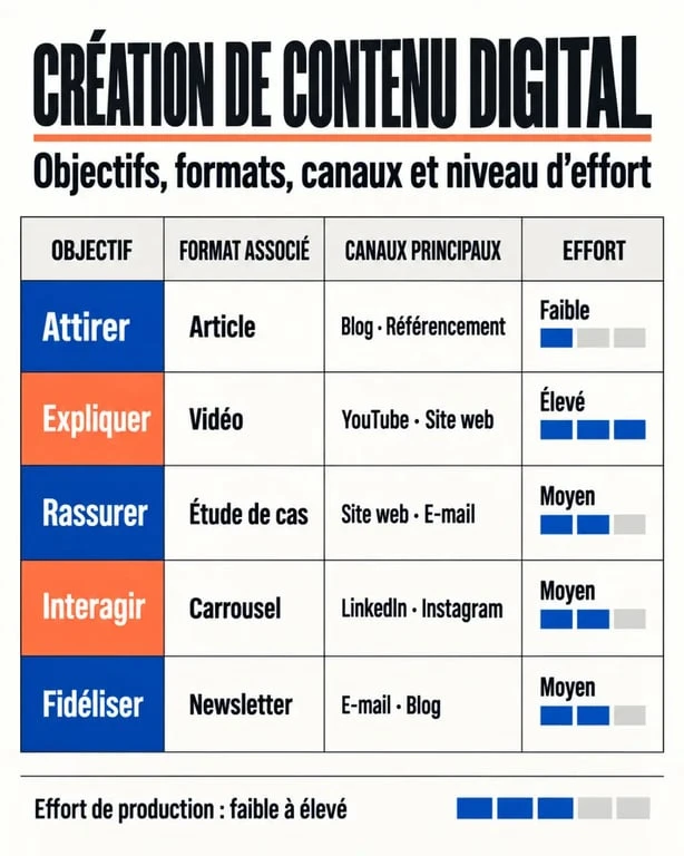 Création de contenu digital : correspondance entre objectifs, formats, canaux et niveau d’effort