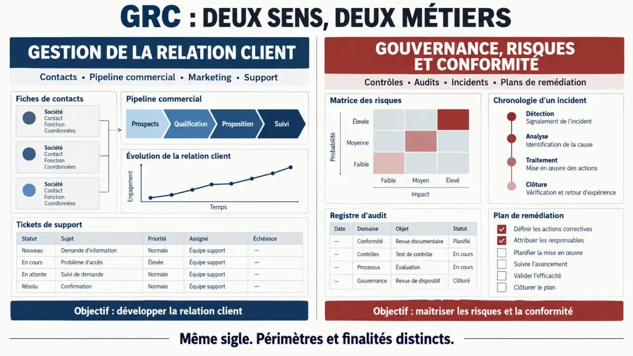 Logiciel GRC : différence entre gestion de la relation client et gouvernance risques conformité