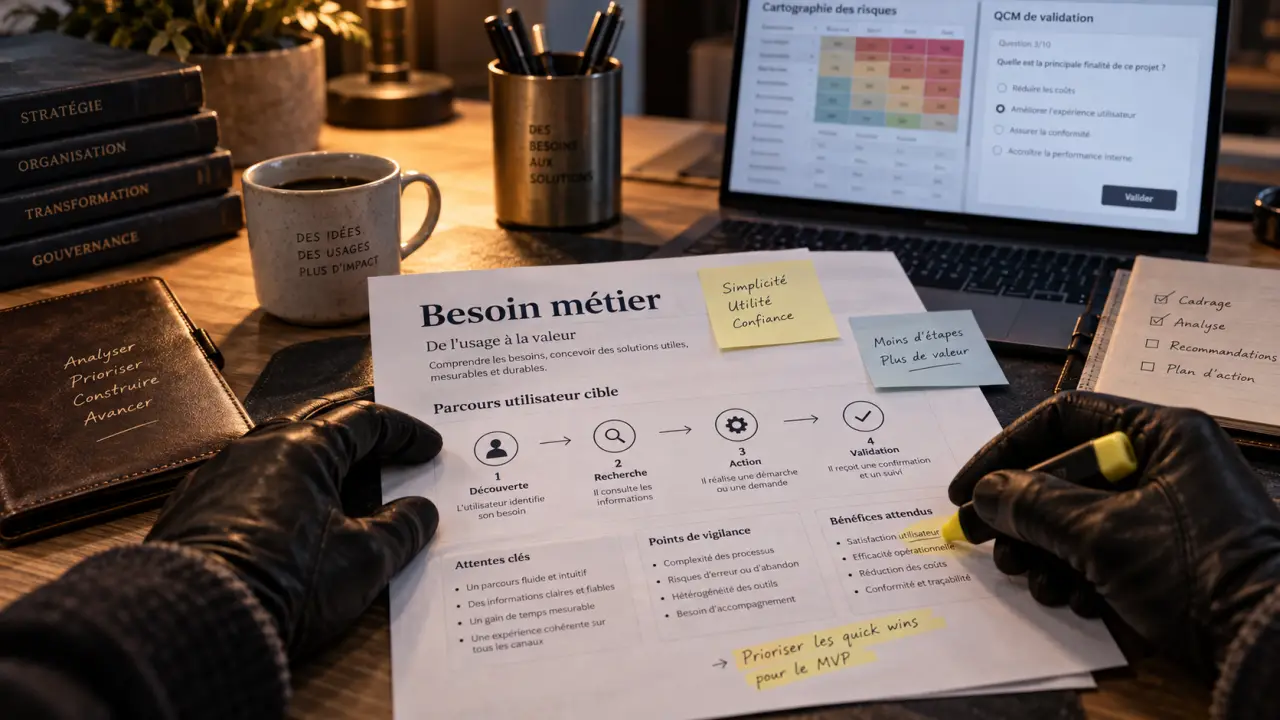 Projets informatique : cadrage clair et pilotage réactif, risques et validation.