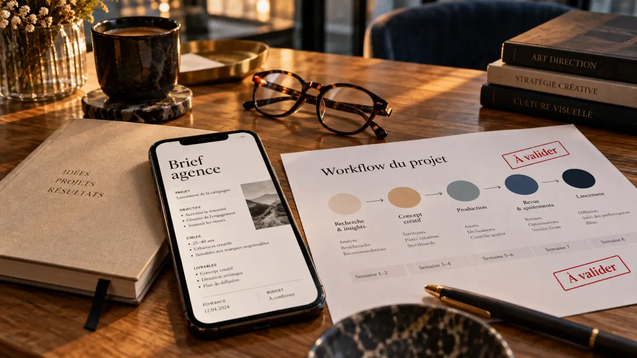Agence de communication éditoriale paris : brief et workflow sur table, carnet et documents