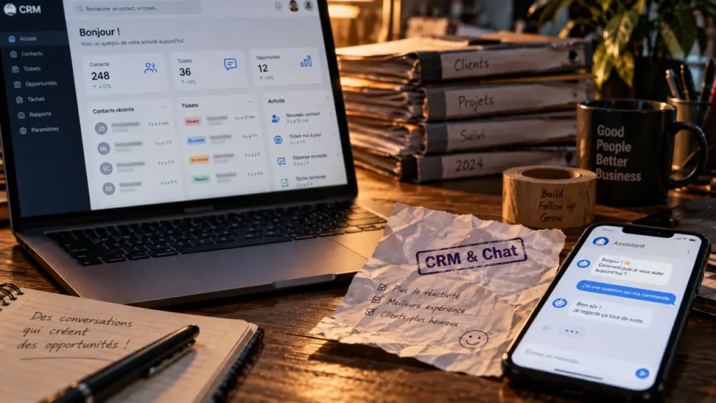 Chatbot CRM integration : ordinateur, CRM et tickets automatisés