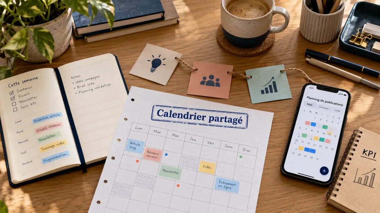 Communication multicanal : calendrier partagé, posts et KPI sur smartphone