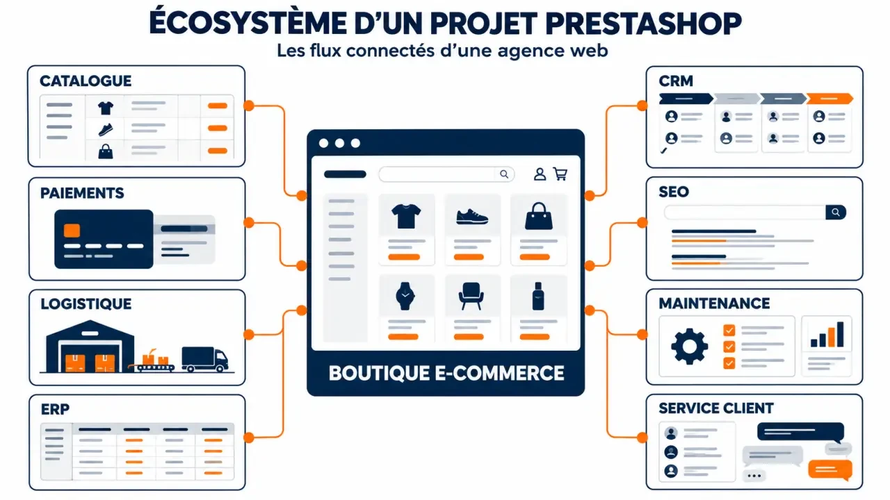 Agence web PrestaShop et connexions entre boutique e-commerce, ERP, paiement, logistique et SEO