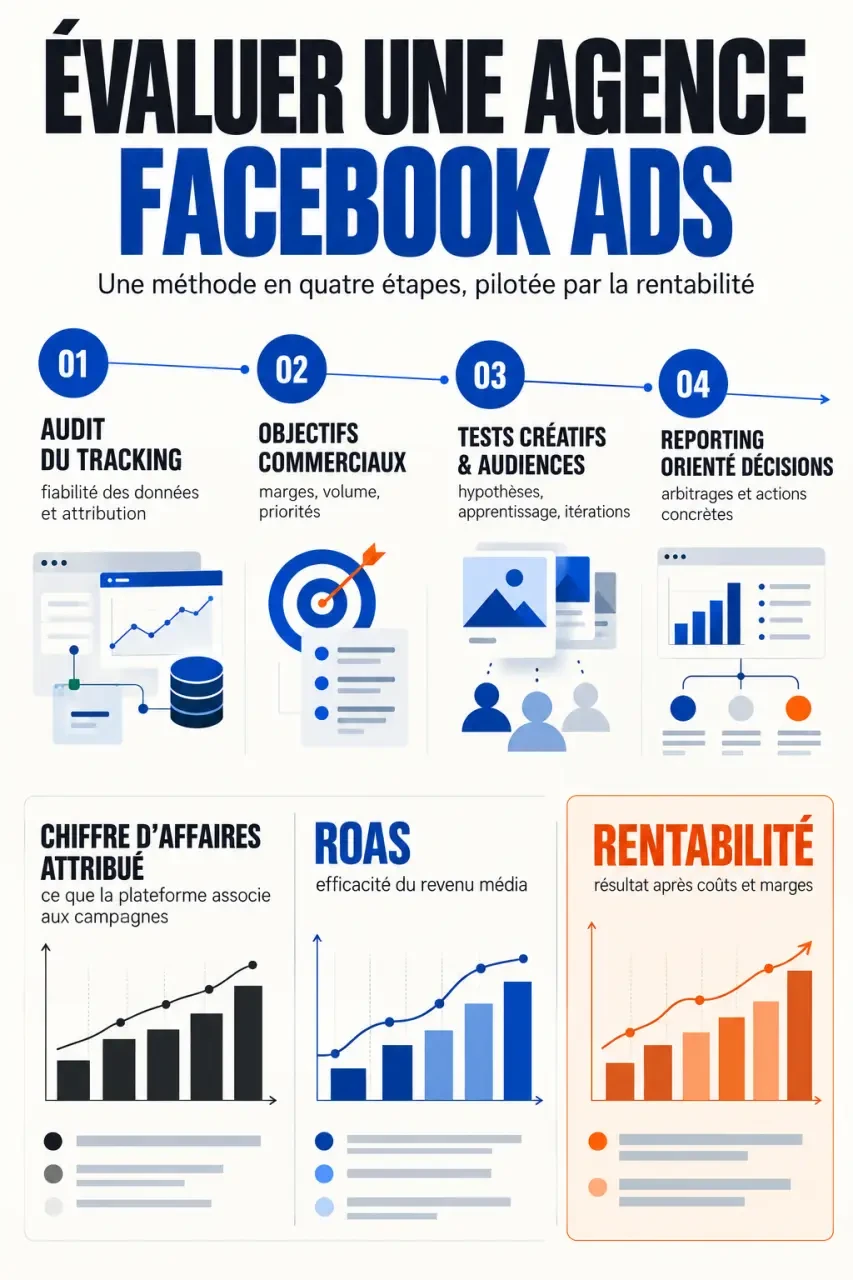 Méthode de sélection d’une agence Facebook Ads avec tracking, tests créatifs et analyse de rentabilité