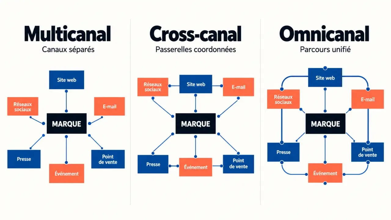 Infographie sur la communication multicanal et les différences avec le cross-canal et l'omnicanal