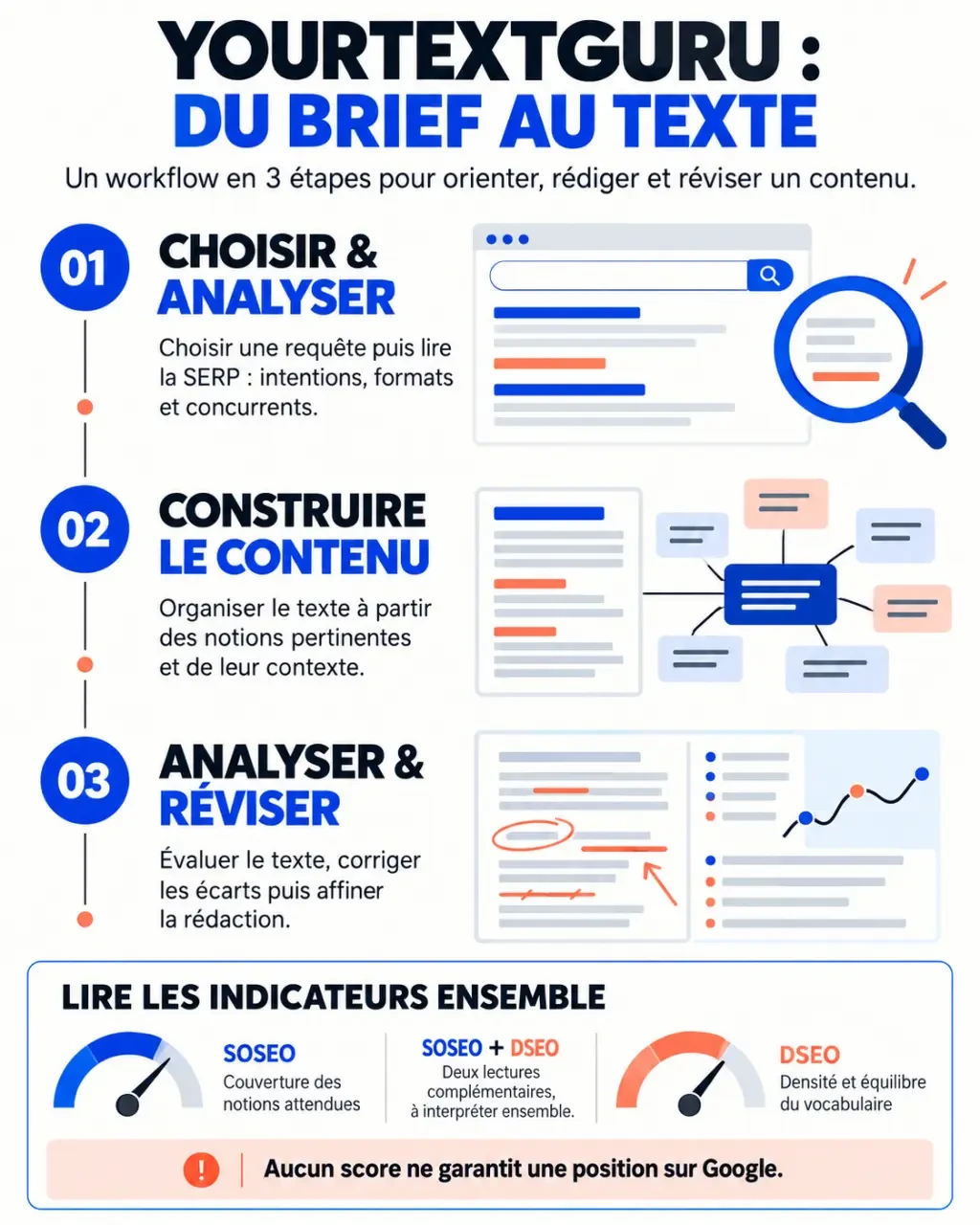 Infographie du fonctionnement de YourTextGuru, du guide sémantique à l’analyse SOSEO et DSEO