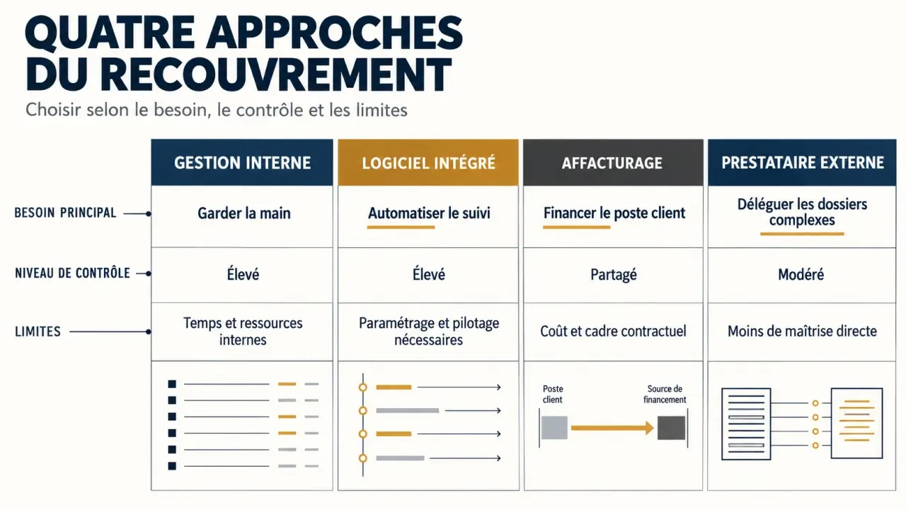 Solution de recouvrement : comparaison visuelle entre gestion interne, logiciel intégré, affacturage et externalisation