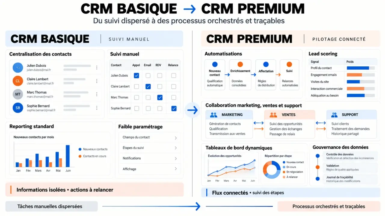 Infographie sur la différence entre un CRM basique et Salesforce premium