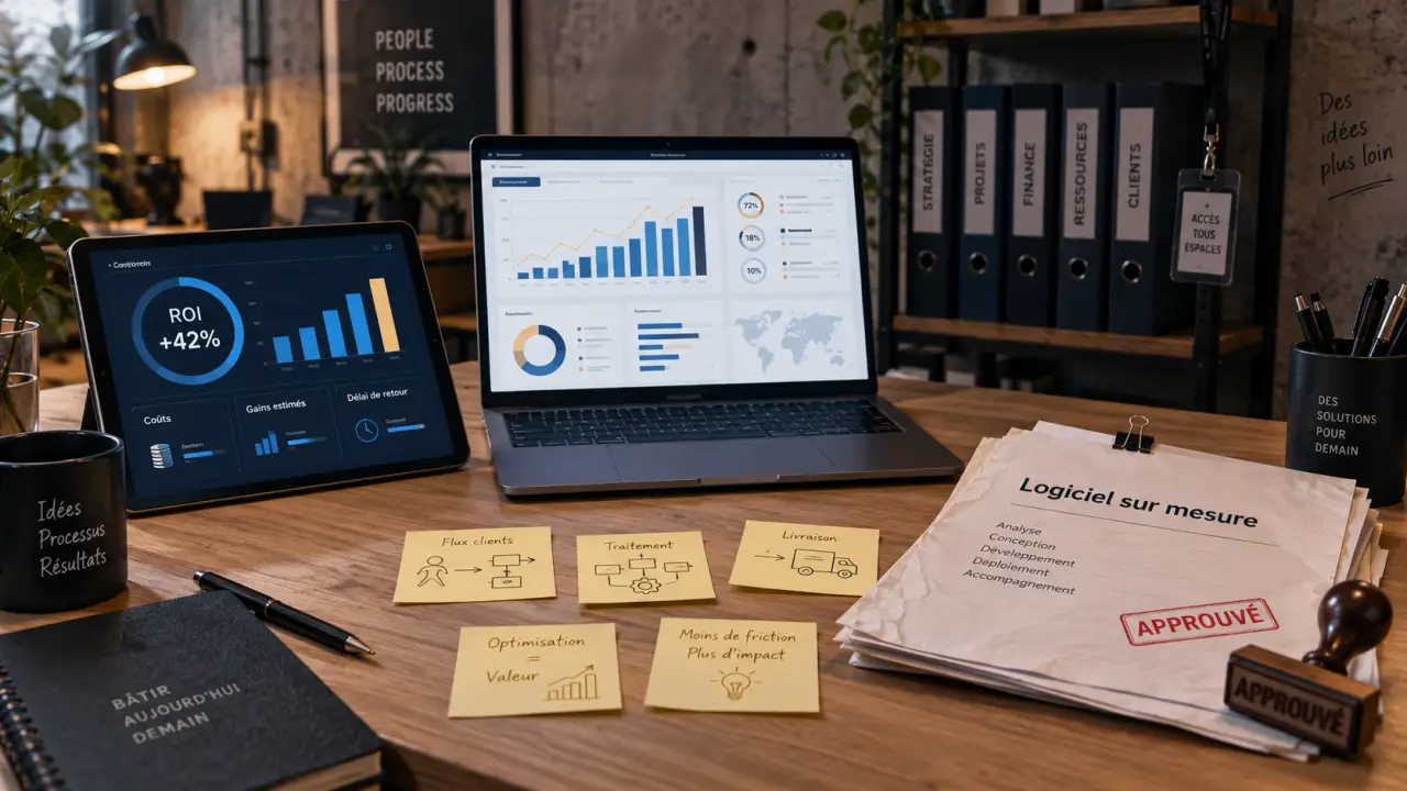 Logiciel entreprise sur mesure : tableau de bord ROI sur bureau